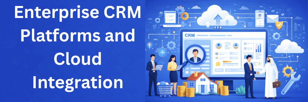 Enterprise CRM platforms with cloud integration concept showing connected devices, cloud icons, and business analytics dashboard on a consistent blue background.