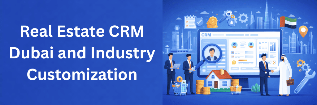 Real estate CRM Dubai interface with property management dashboard, agents reviewing listings, and Dubai skyline on a solid blue background.